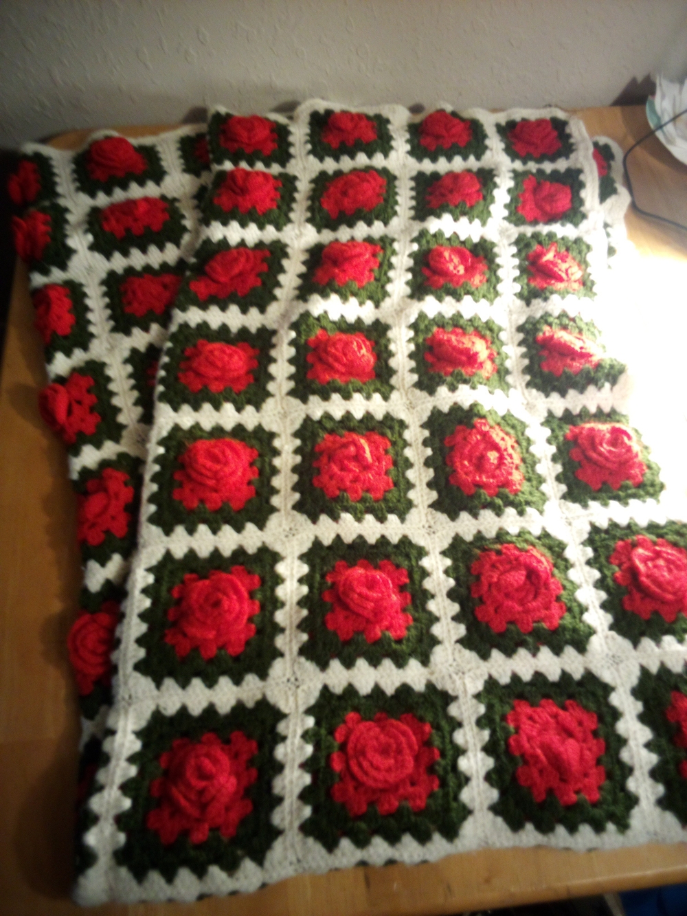 Handmade Red Rose Crochet Throw Blanket - White & Green Accents